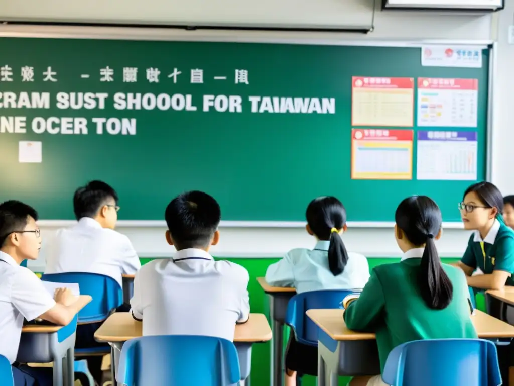 Estudiantes concentrados en una academia en Taiwán, atmósfera de rigor académico en una sala iluminada con carteles educativos