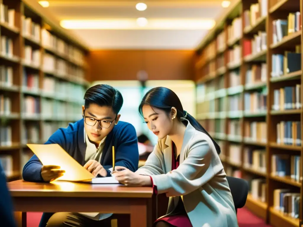 Estudiantes concentrados estudian en una biblioteca universitaria, fusionando lo tradicional y moderno en la vida universitaria en Asia