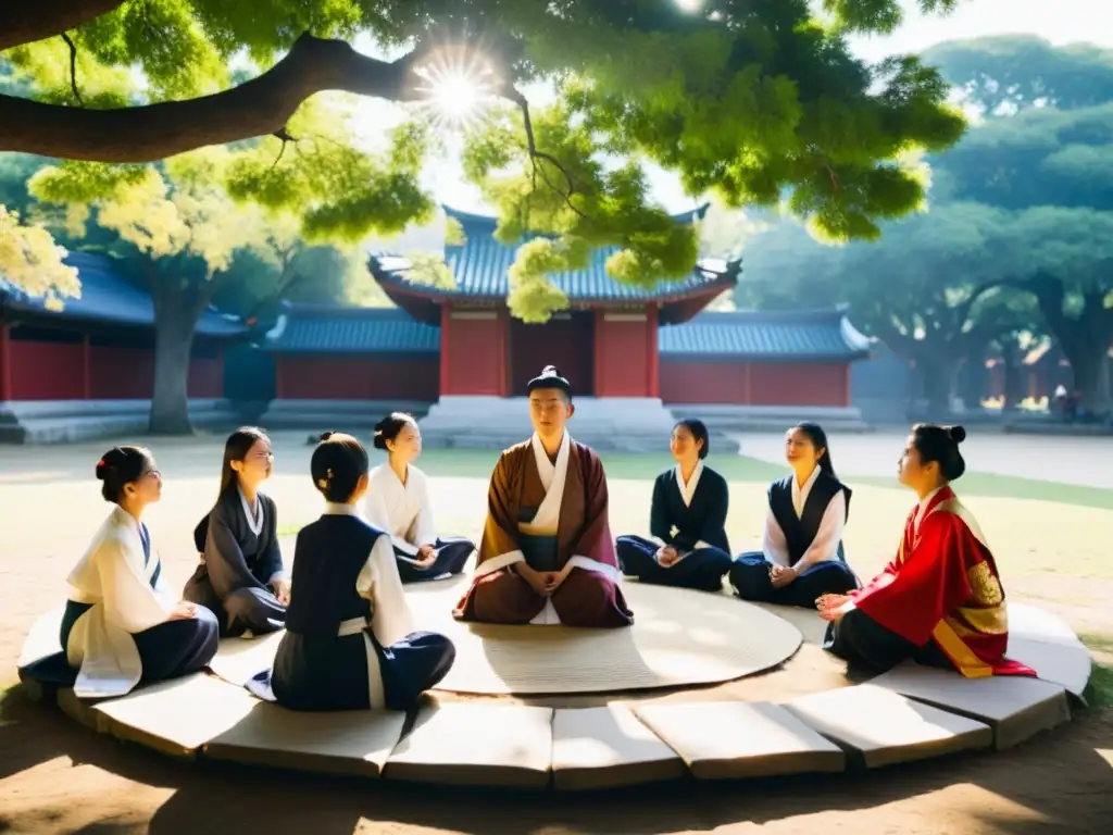 Estudiantes discuten Confucianismo bajo un árbol centenario, capturando la importancia del Confucianismo en Asia