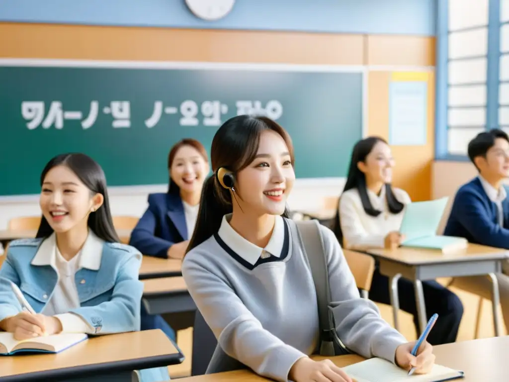 Estudiantes aprendiendo coreano con KPop en un aula dinámica e inmersiva