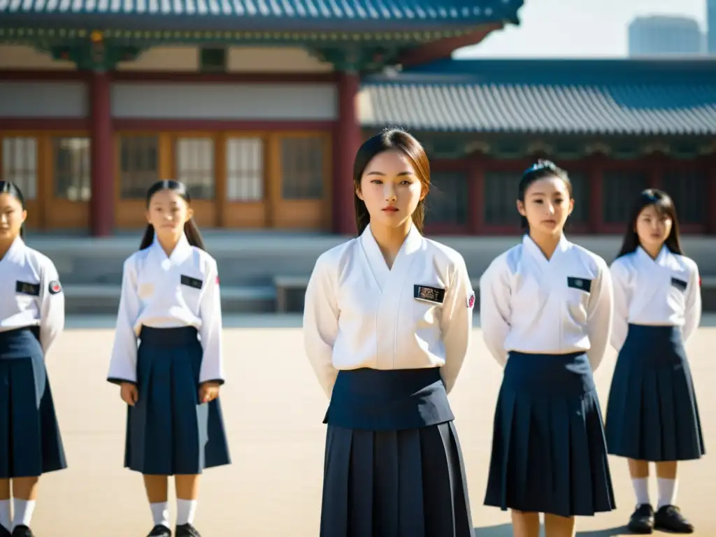 Estudiantes coreanos practican artes marciales en el patio de la escuela, mostrando disciplina en las aulas de Corea