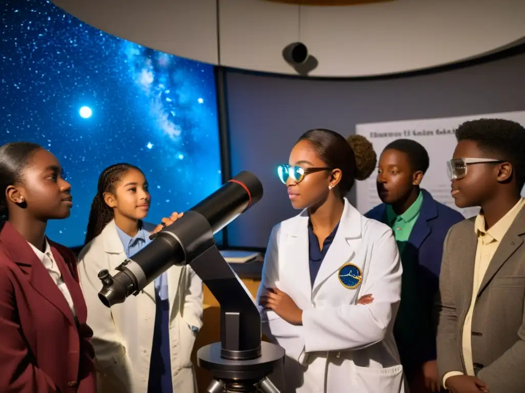 Estudiantes observando el cosmos a través de un telescopio en un aula inmersiva