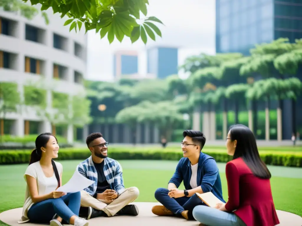 Estudiantes de diversas culturas participan en animada discusión en campus universitario asiático