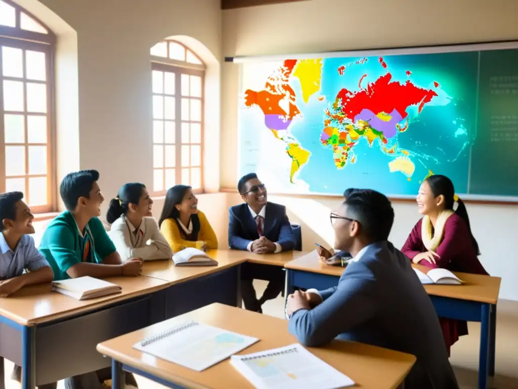 Estudiantes de diversas culturas en aula asiática, discuten con su profesor