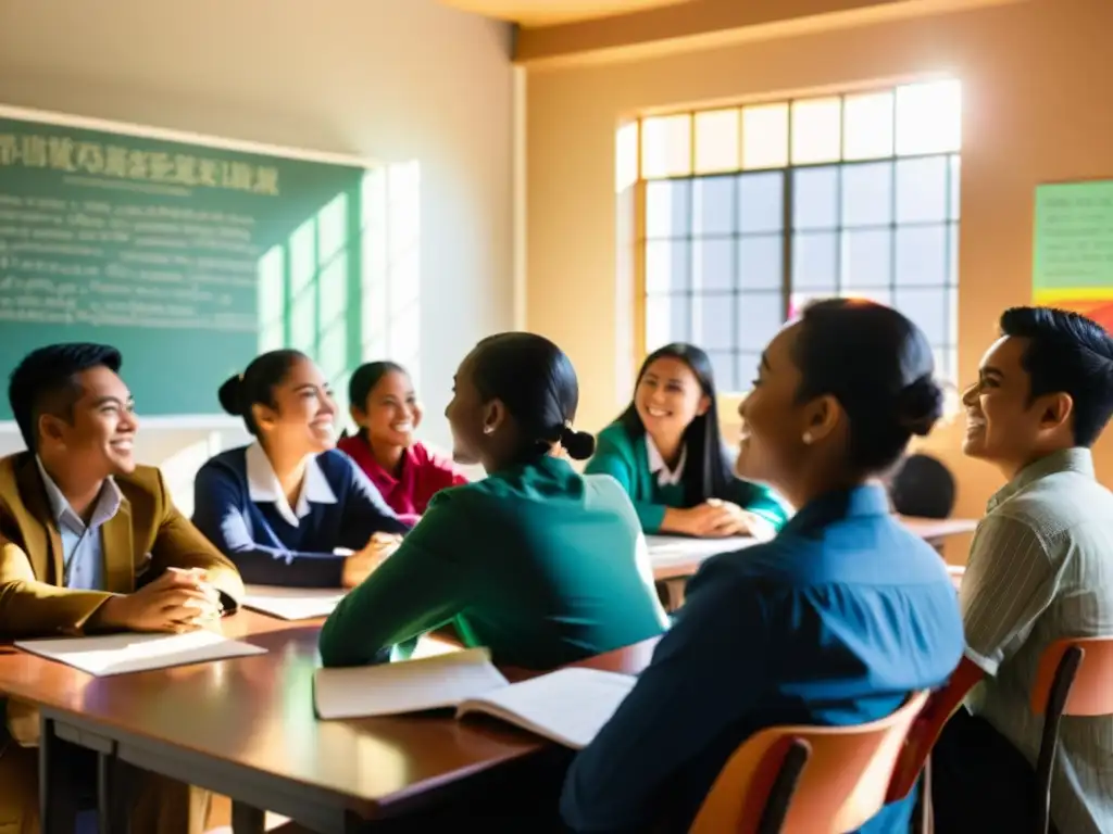 Estudiantes de diferentes culturas participan activamente en una discusión en un aula de Indonesia