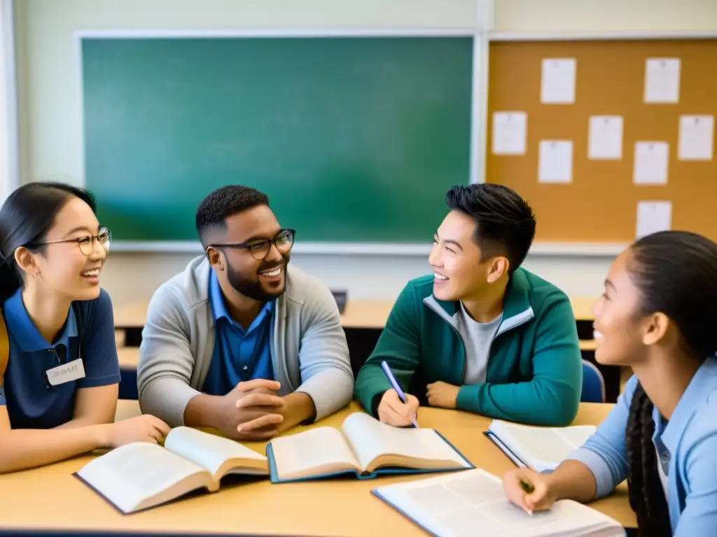 Estudiantes de diversas culturas discuten historia y cultura asiática en un aula, reflejando la influencia de series asiáticas en educación global