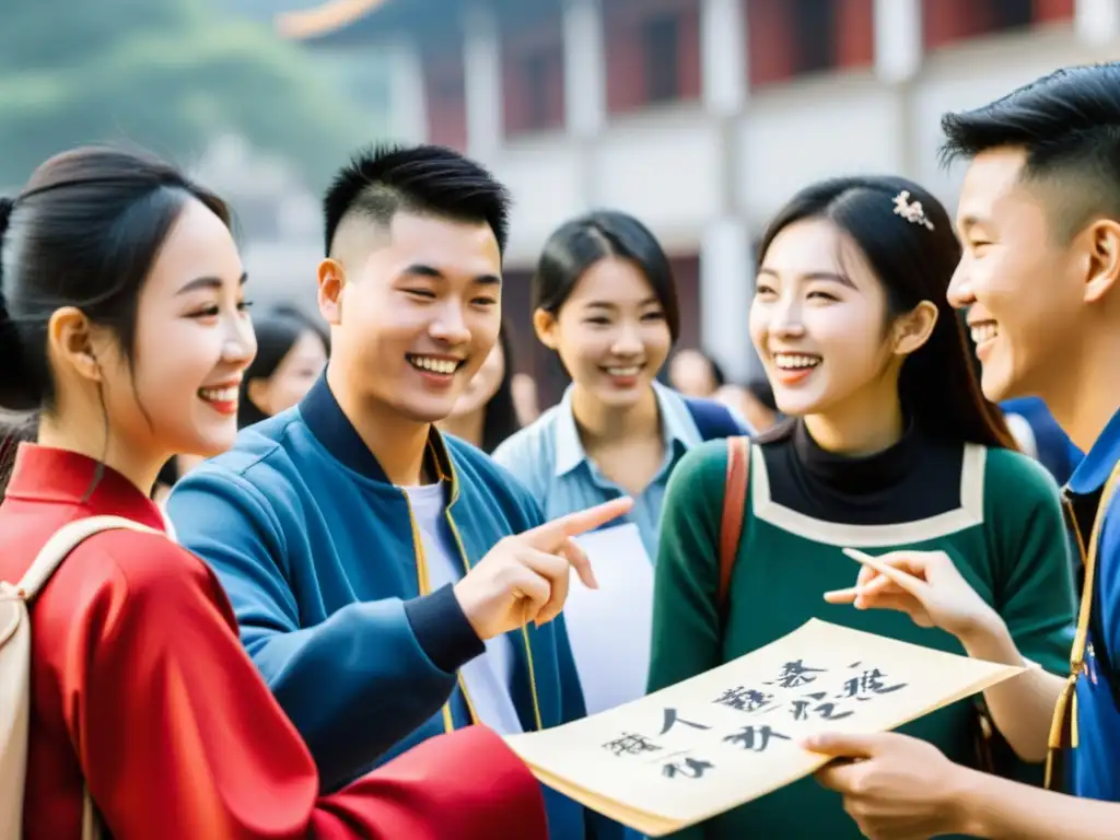 Estudiantes de diversas culturas aprenden mandarín en un animado campus universitario en China, participando en actividades de intercambio cultural