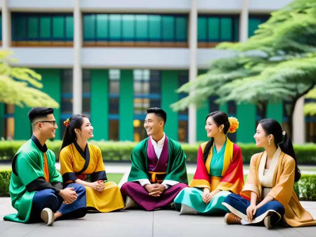 Estudiantes de diversas culturas y tradiciones visten atuendos asiáticos, compartiendo en un animado debate en un campus universitario en Asia