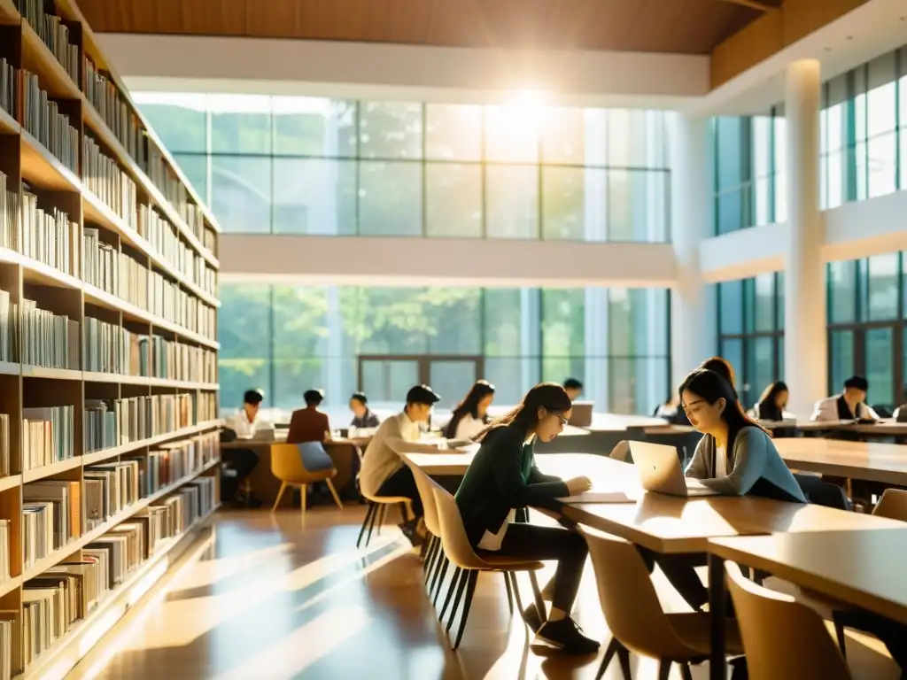 Estudiantes dedicados estudian en una biblioteca universitaria moderna en Asia