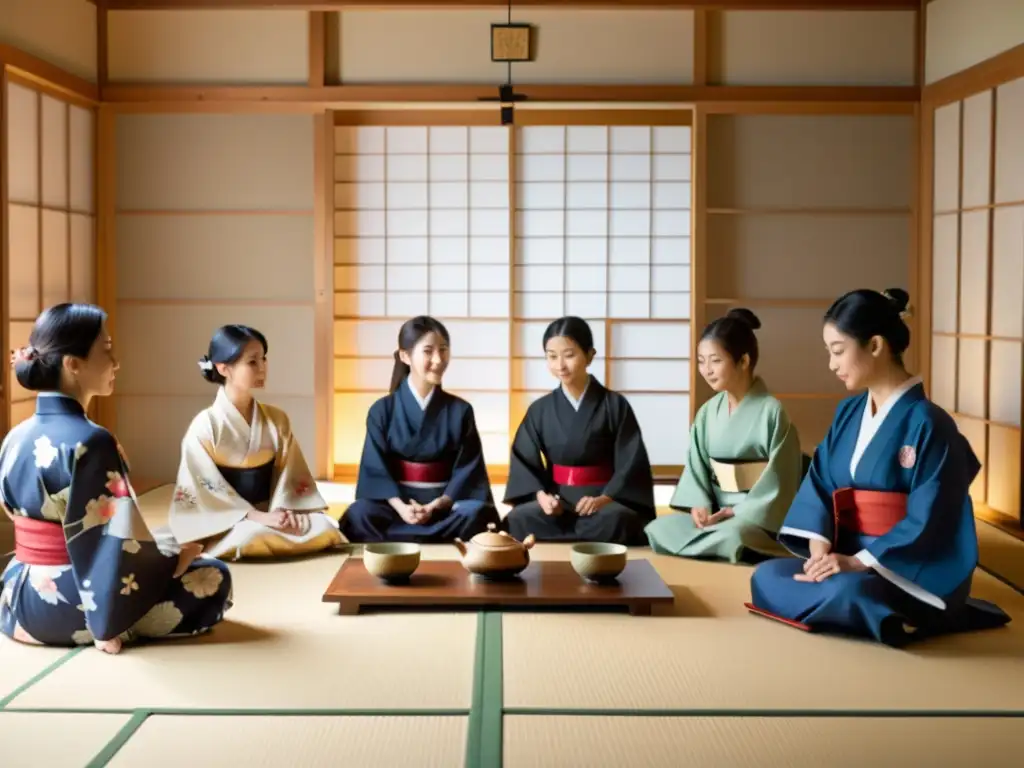 Estudiantes diverso en intercambio estudiantil Japón, vistiendo yukatas, participando en ceremonia del té en tatami room sereno