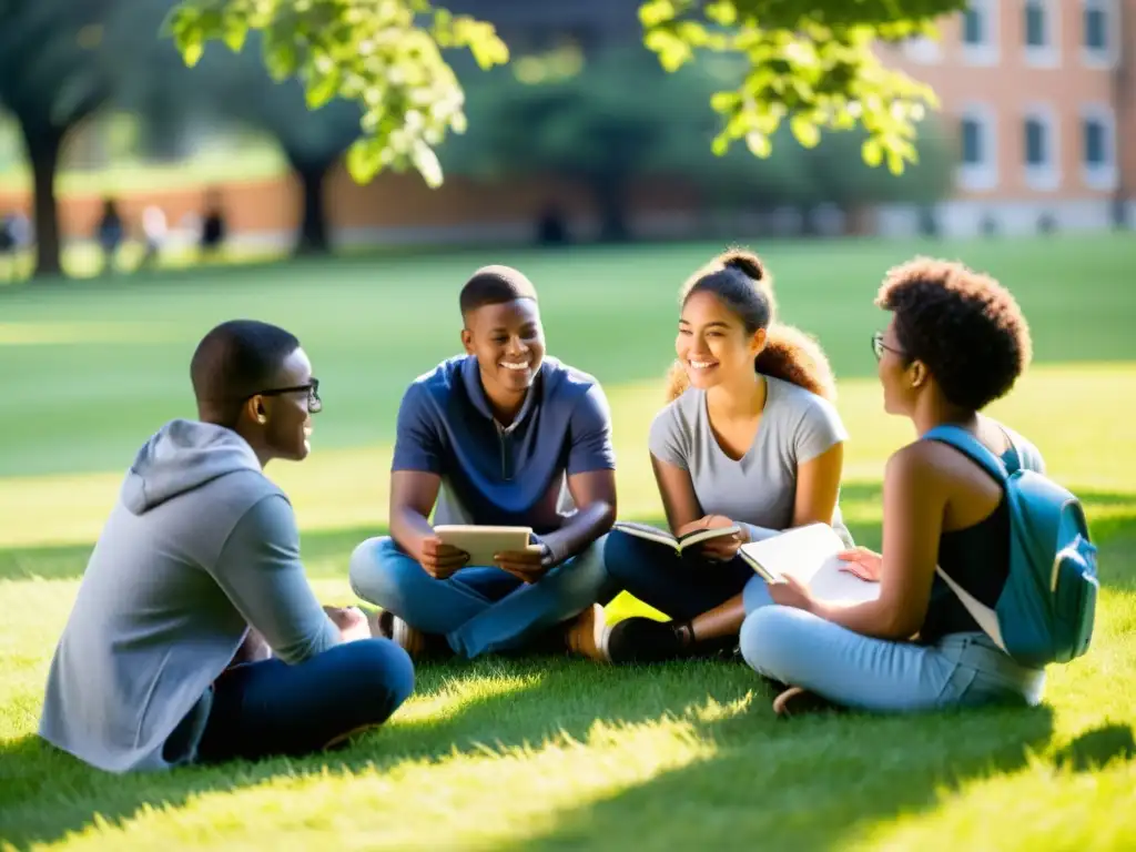 Estudiantes diversos en círculo, conversando con empatía y altruismo en un entorno educativo inclusivo bajo la sombra de los árboles