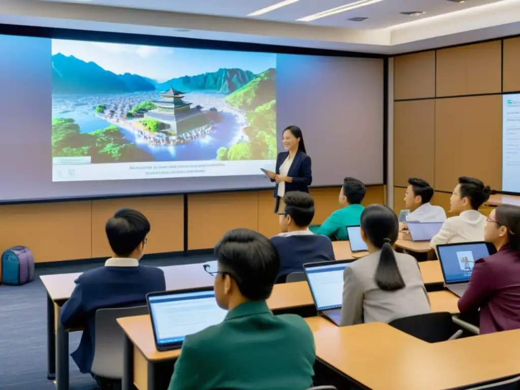 Estudiantes diversos en clase, atentos a documental sobre historia y cultura asiática, impacto de series asiáticas en educación global