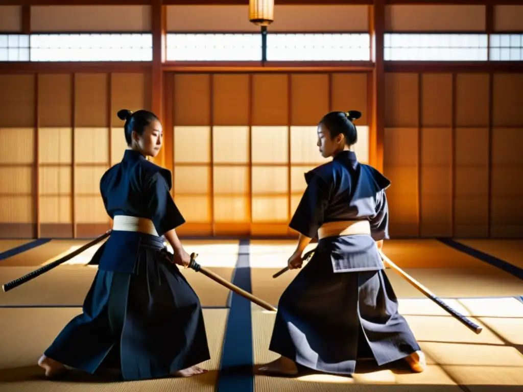 Estudiantes practicando kendo en un dojo tradicional, con un sensei observando