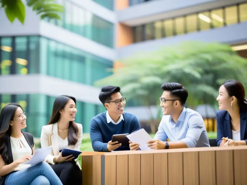 Estudiantes y emprendedores en campus universitario asiático, intercambiando ideas sobre startups en un entorno dinámico y vibrante