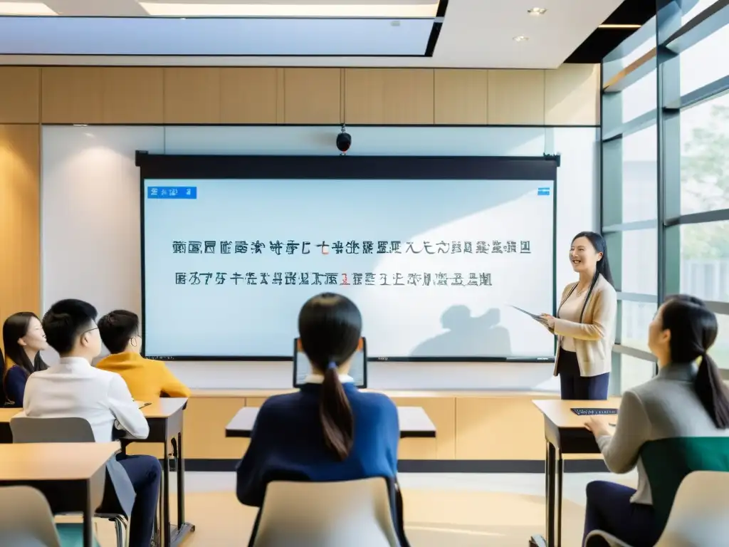 Estudiantes participando entusiastas en una clase de mandarín en una universidad china, creando un ambiente de aprendizaje acogedor y vibrante