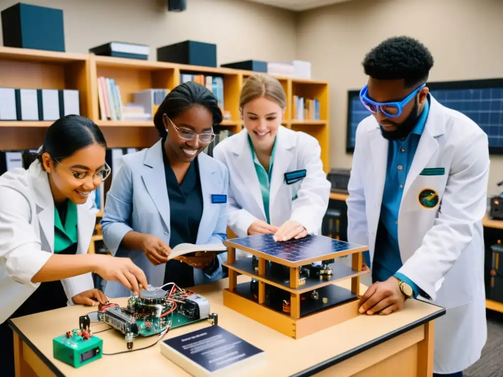 Estudiantes entusiastas colaboran en la creación de un prototipo de satélite, rodeados de componentes electrónicos y libros de ciencia