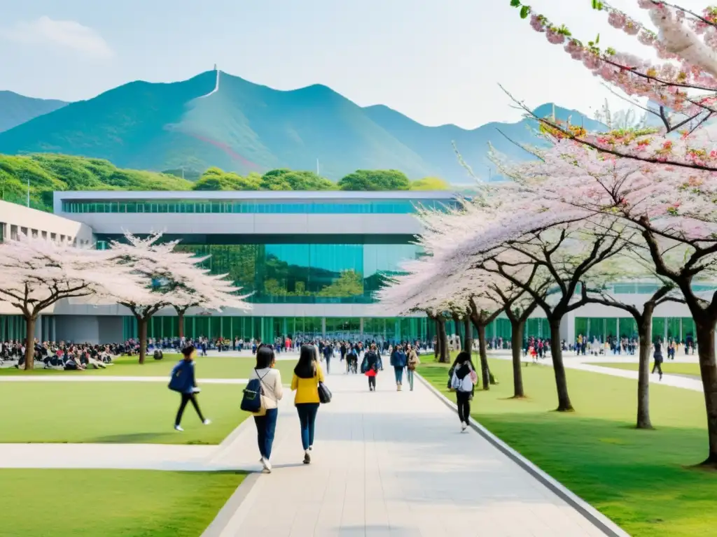 Estudiantes exitosos en el dinámico campus universitario de Corea del Sur, entre modernos edificios y exuberante vegetación