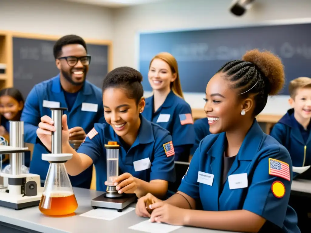 Estudiantes diversos realizan experimento espacial en laboratorio equipado, destacando el impacto de la carrera espacial en la educación STEM