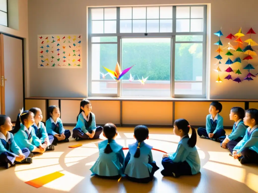 Estudiantes en Hiroshima escuchan lecciones educación para la paz, rodeados de grullas de papel y naturaleza serena