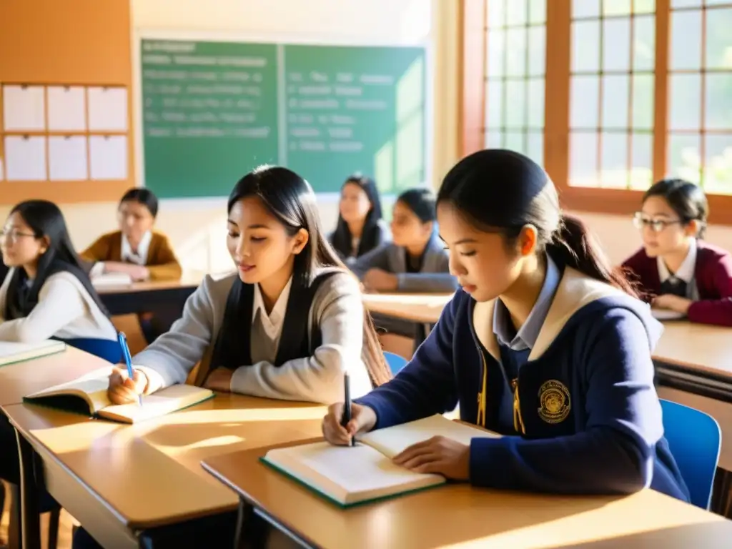 Estudiantes de Asia aprendiendo idiomas en un aula multicultural, repleta de luz y diversidad