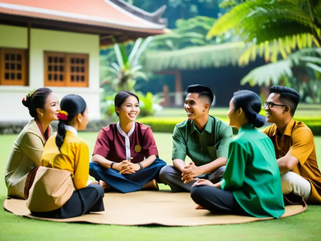 Estudiantes indonesios en tradicionales atuendos discuten animadamente en entorno natural