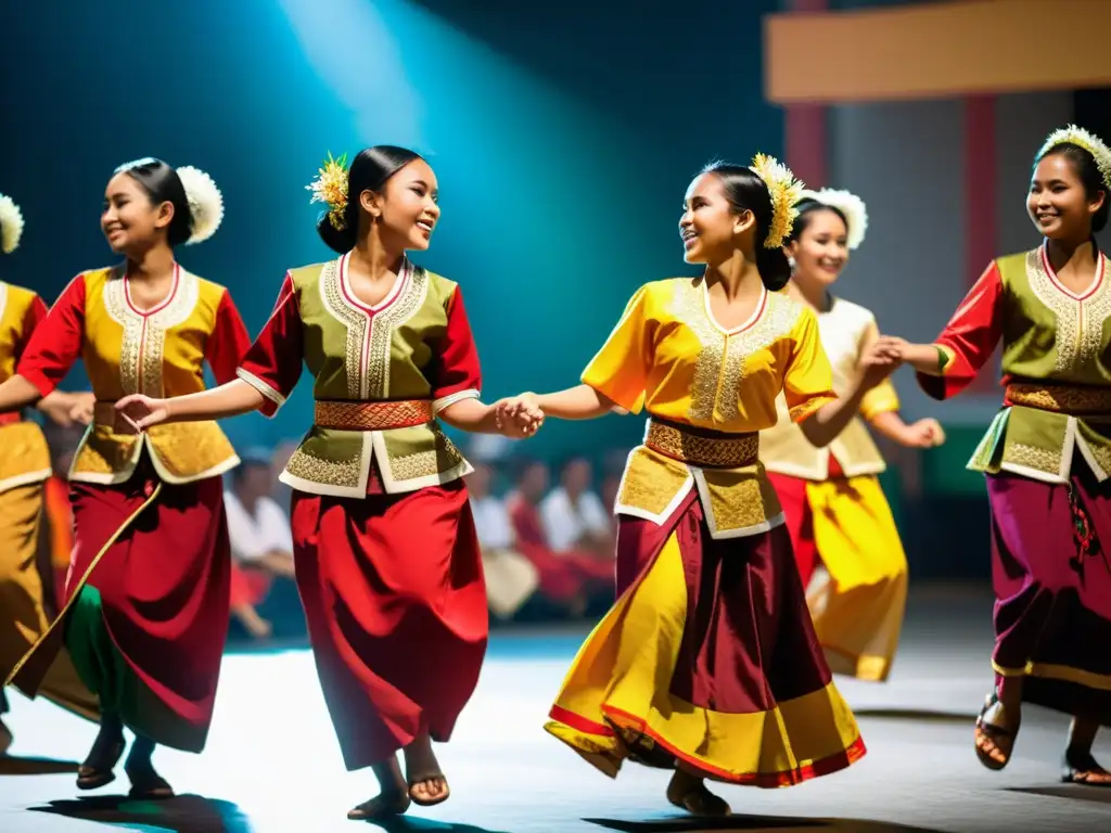 Estudiantes indonesios en trajes tradicionales participando en un baile cultural en un festival escolar, reflejando la enseñanza diversa en Indonesia