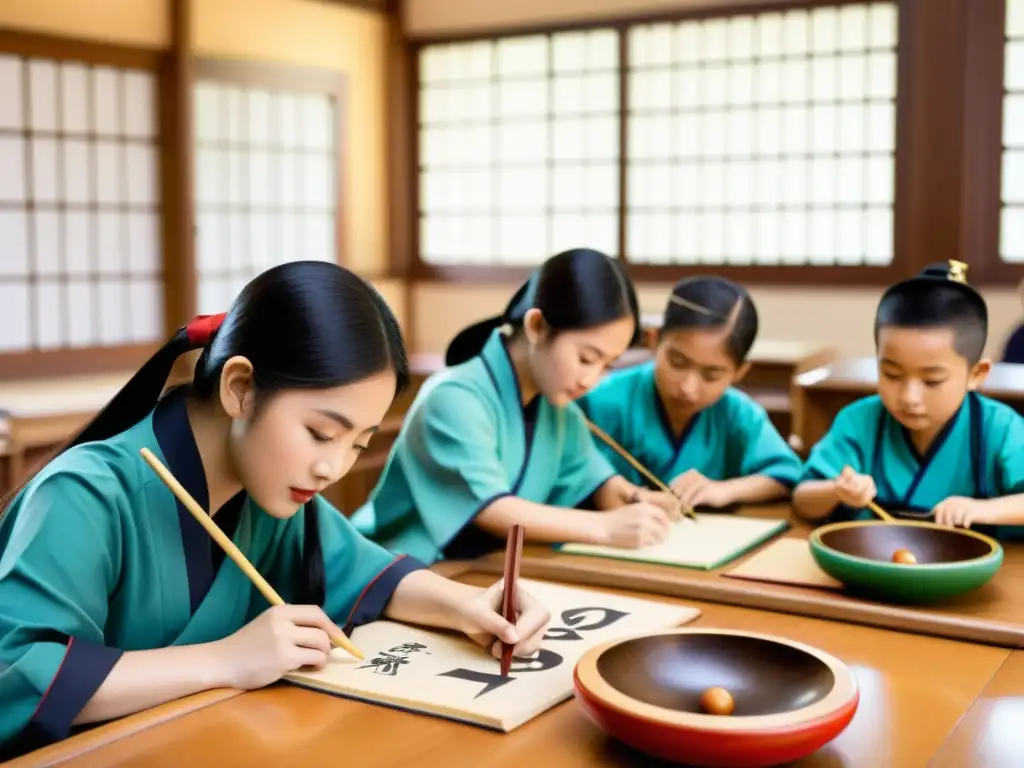 Estudiantes inmersos en artes tradicionales en un aula asiática, fusionando educación y cultura en Asia