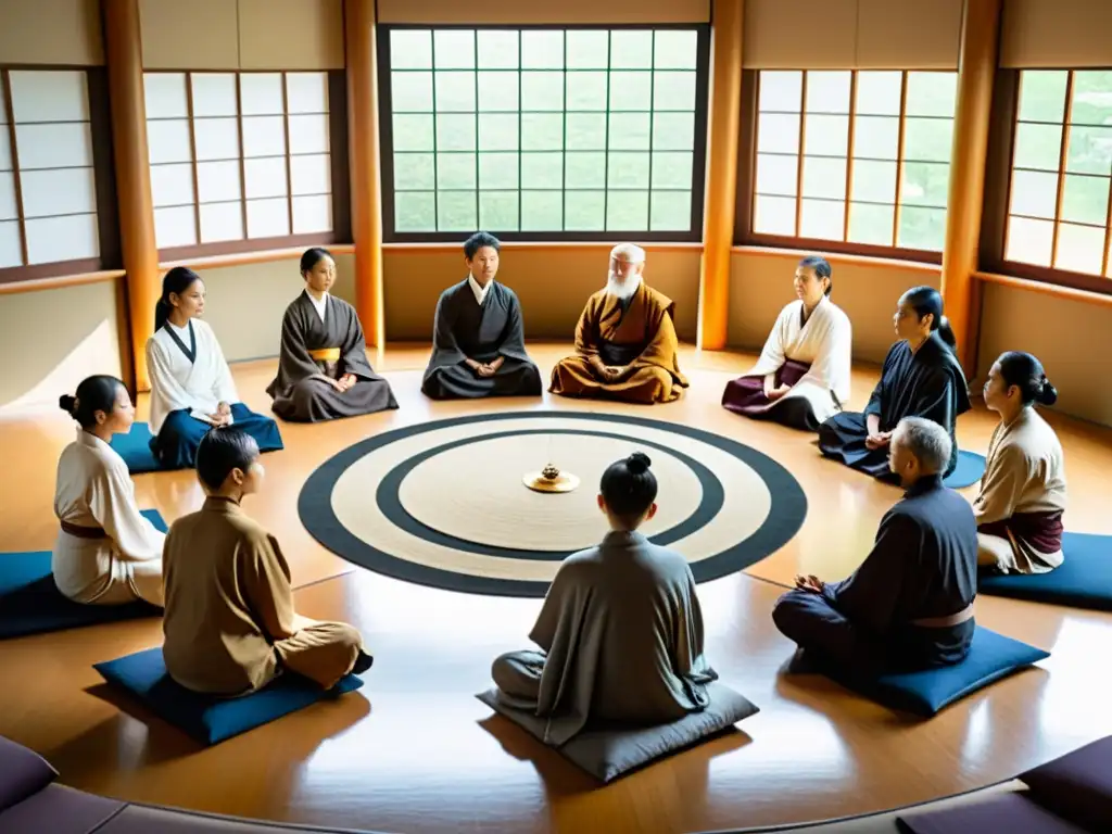 Estudiantes inmersos en una discusión sobre filosofía oriental en un aula iluminada naturalmente