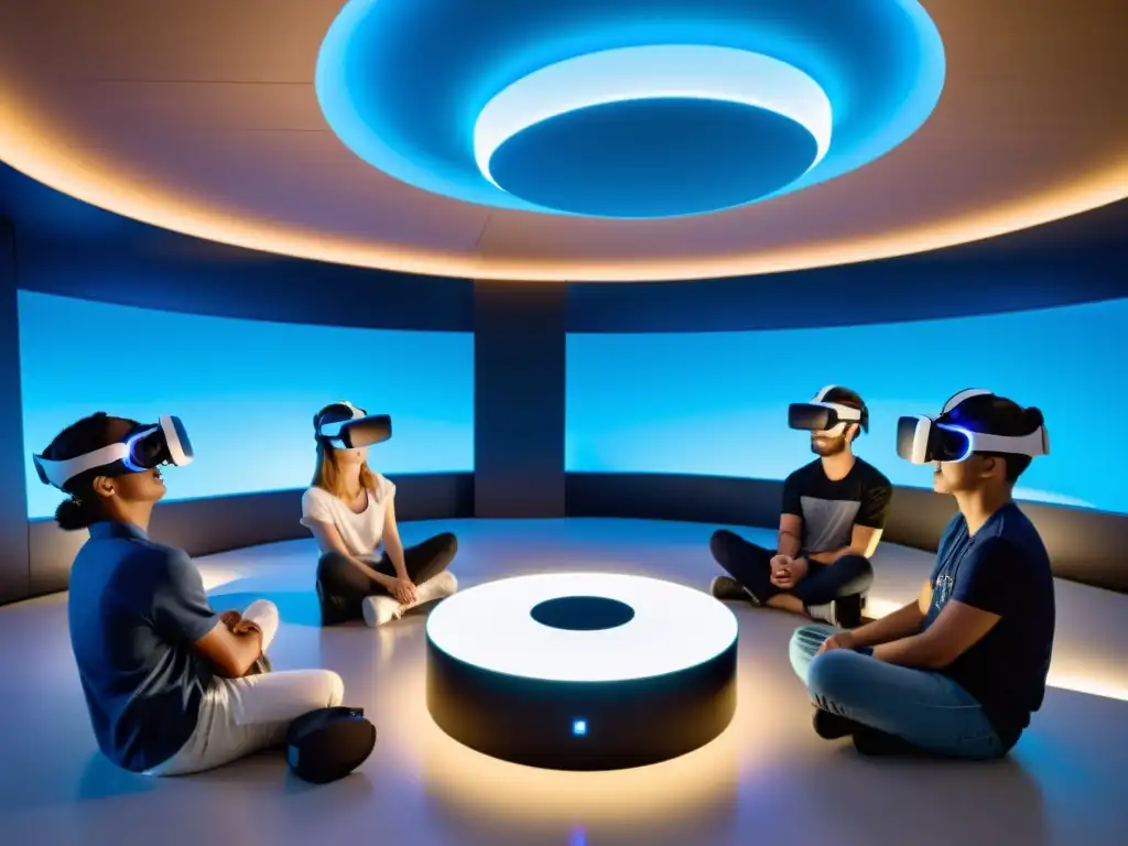 Estudiantes inmersos en una experiencia de realidad virtual y aumentada en Asia, rodeados de tecnología futurista y luz ambiental azul