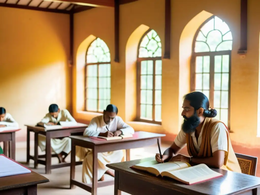 Estudiantes inmersos en la sabiduría védica para la educación holística en un aula serena bajo la cálida luz dorada de la India