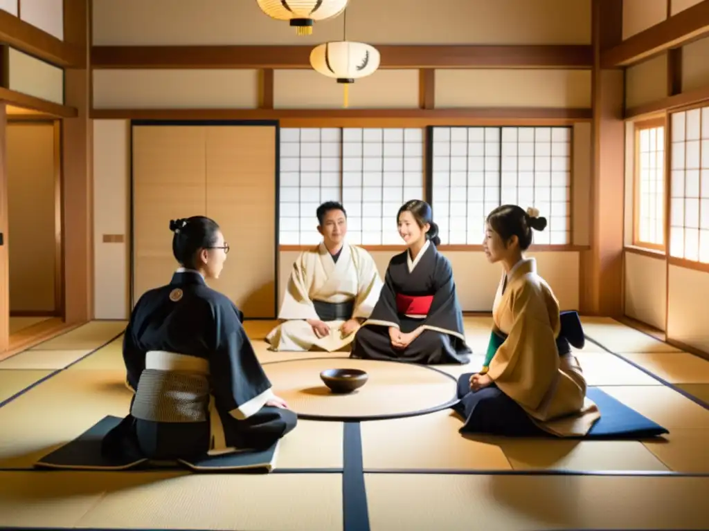 Estudiantes en intercambio cultural en Japón, inmersos en una animada conversación en una sala tradicional, con luz natural, bonsái y caligrafía