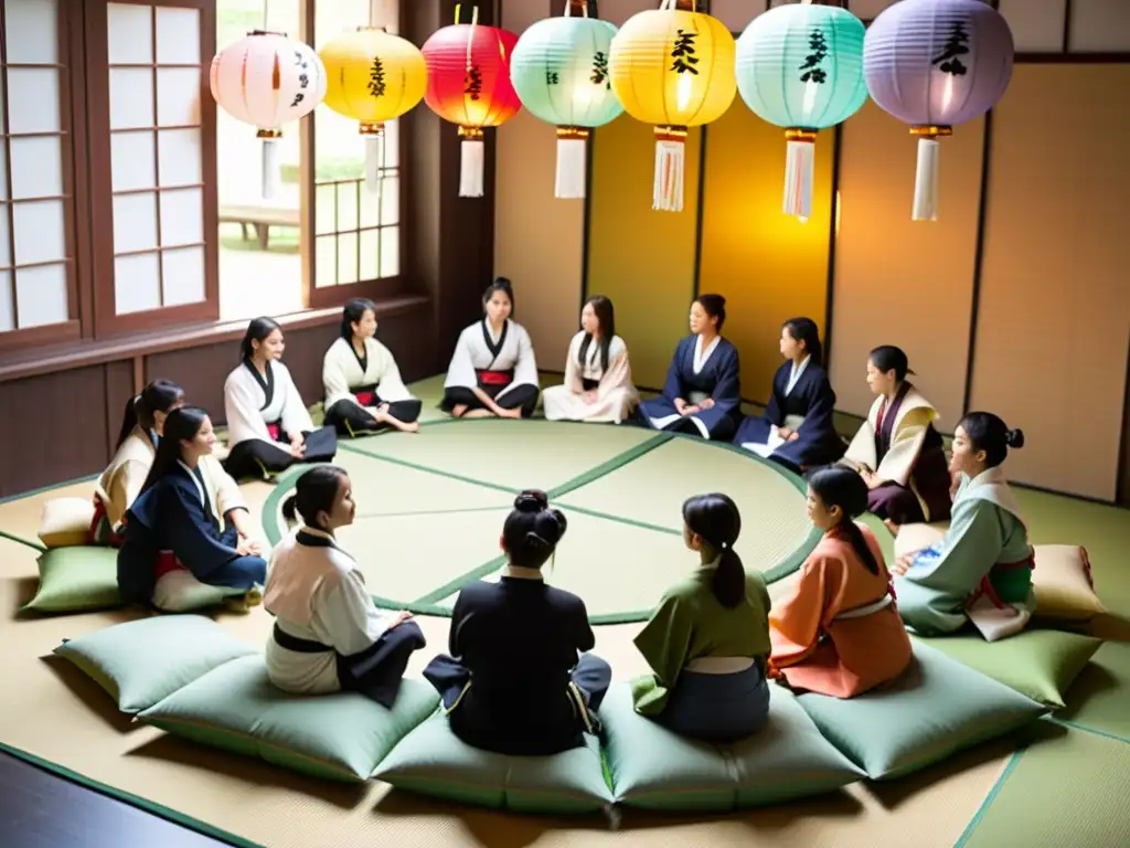 Estudiantes de intercambios disfrutan de una animada discusión con un profesor japonés en una aula tradicional japonesa, llena de luz y cultura