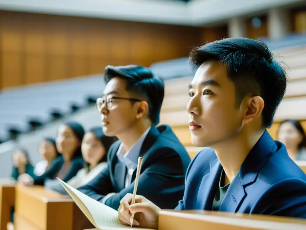 Estudiantes internacionales atentos a una conferencia en una prestigiosa universidad china