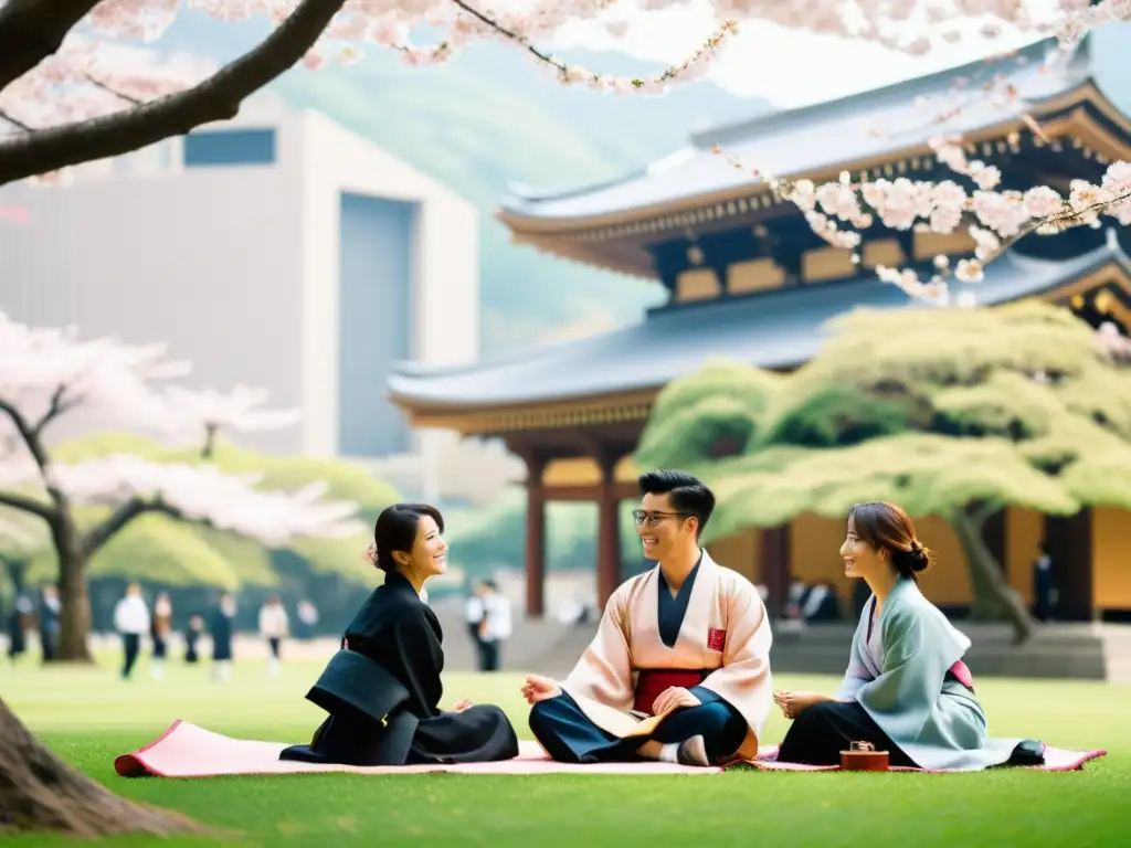 Estudiantes internacionales en yukata bajo los cerezos en flor, fusionando tradición y modernidad en un intercambio estudiantil en Japón