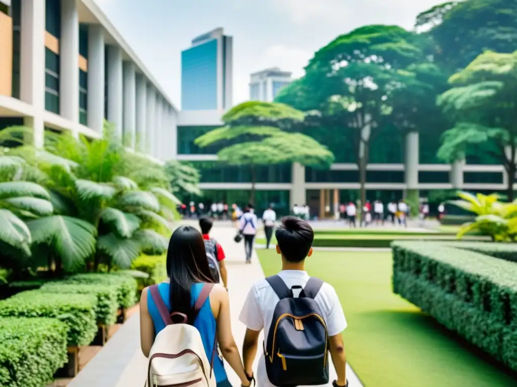 Estudiantes internacionales felices caminan por animado campus universitario en Asia, reflejando la atracción de universidades asiáticas