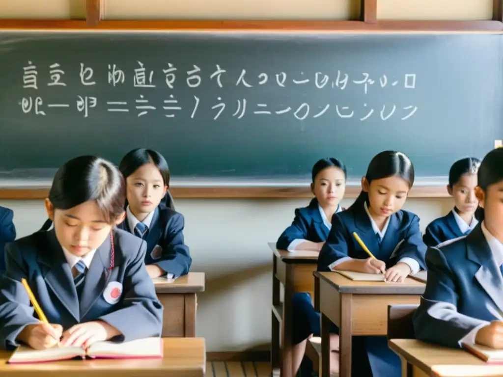 Estudiantes japoneses atentos en aula ordenada, escuchando a la maestra explicar el sistema educativo japonés