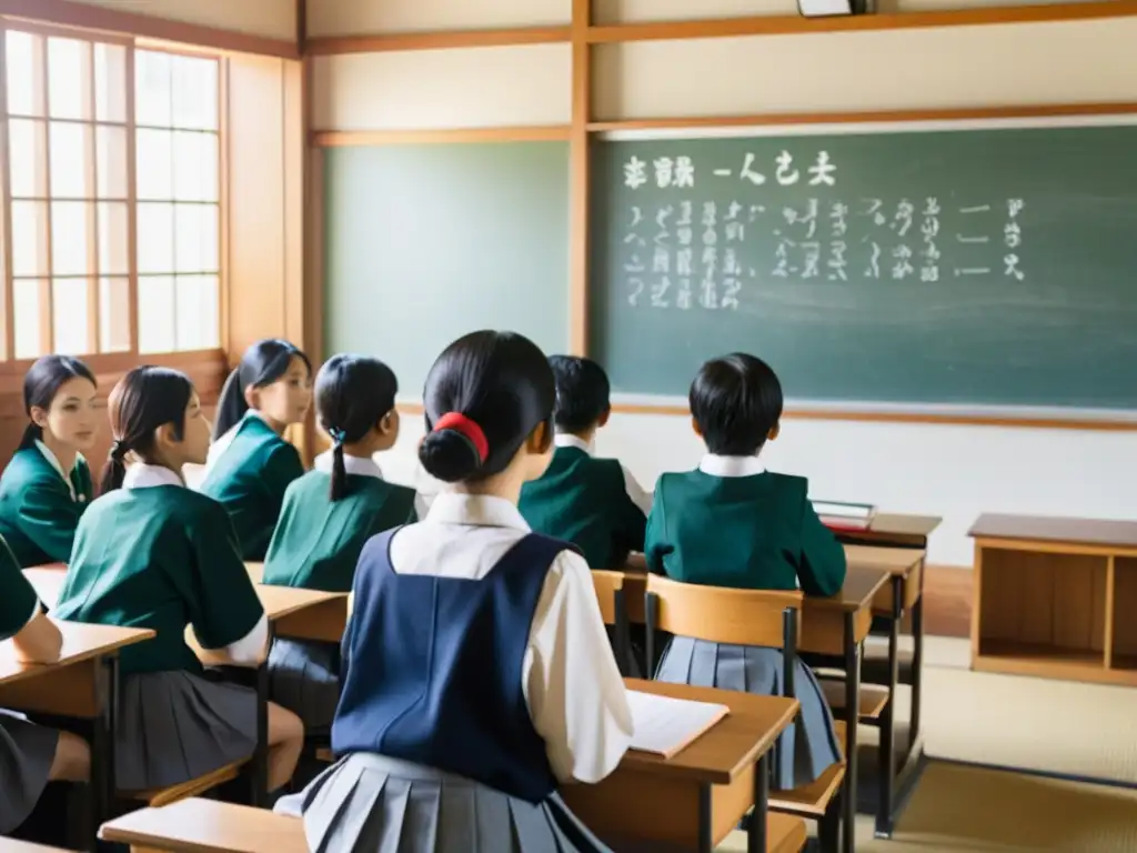 Estudiantes japoneses atentos en clase, discutiendo un concepto matemático complejo