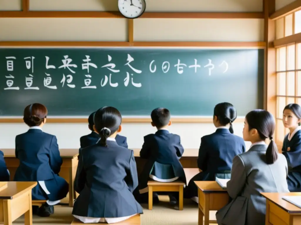 Estudiantes japoneses atentos en clase, escuchando al profesor frente a la pizarra