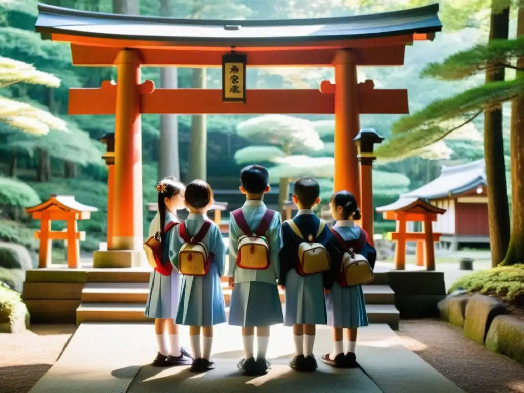 Estudiantes japoneses en atuendo tradicional muestran reverencia en santuario shintoísta