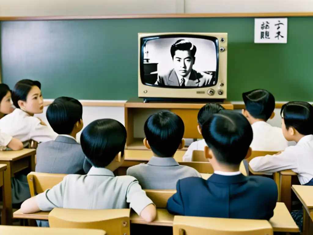 Estudiantes japoneses en aula viendo anime histórico