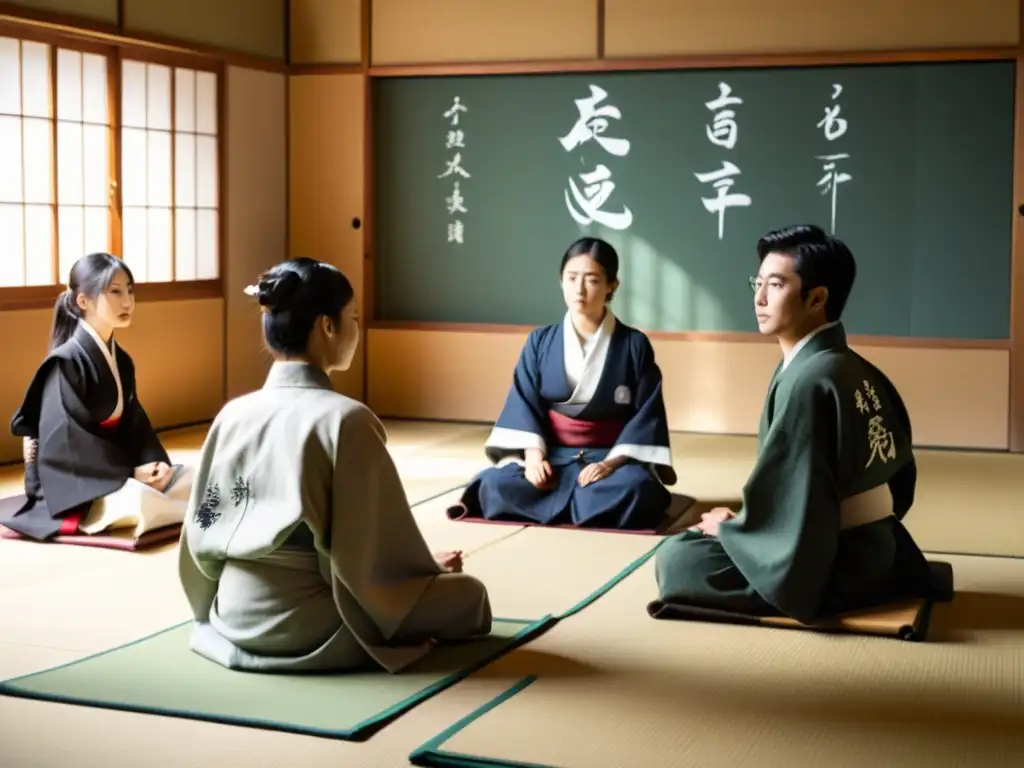 Estudiantes japoneses debaten filosofía en aula iluminada con bonsáis y caligrafía, reflejando el pensamiento crítico en la educación asiática