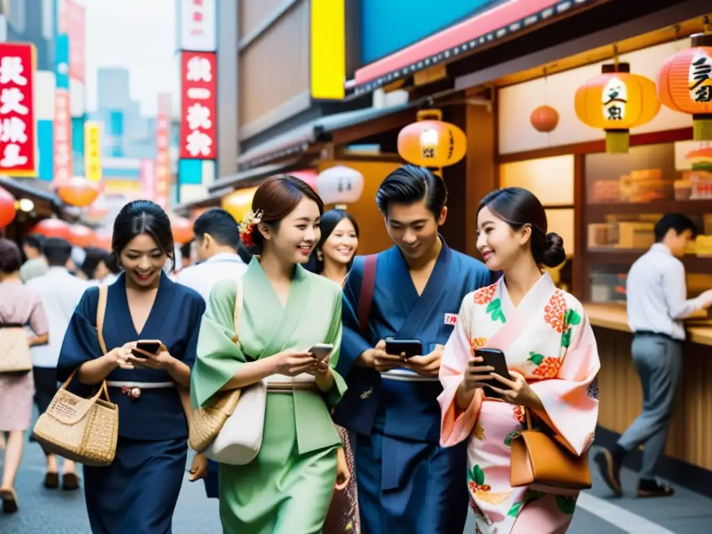 Estudiantes japoneses en yukata y streetwear moderno exploran la bulliciosa ciudad, fusionando tradición e innovación en intercambios estudiantiles japón innovación cultura