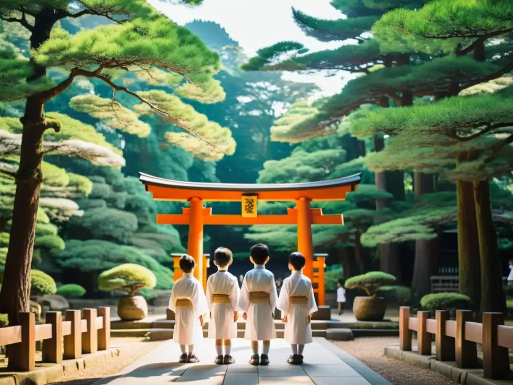 Estudiantes japoneses en un santuario Shinto, reflejando la influencia del Shinto en la pedagogía japonesa