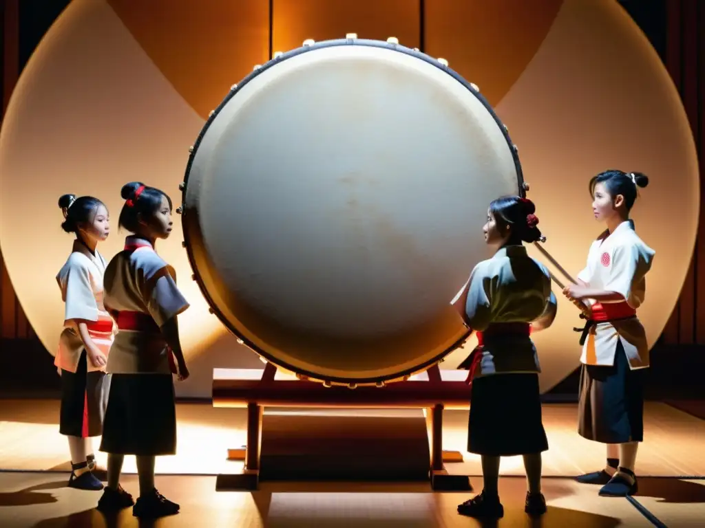 Estudiantes japoneses en trajes tradicionales tocando el taiko con intensidad y concentración, destacando el impacto cultural de la percusión japonesa