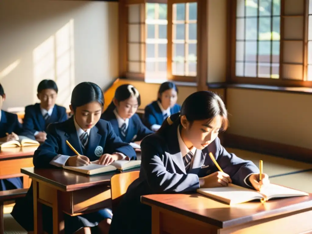 Estudiantes japoneses en uniforme escolar, atentos en clase, bajo la luz del sol