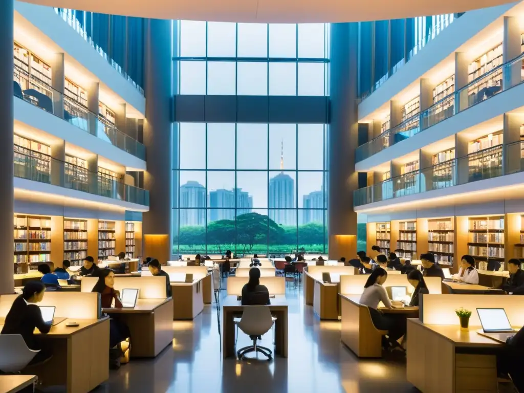 Estudiantes estudian juntos en moderna biblioteca universitaria en China, preparándose para admisiones en universidades top