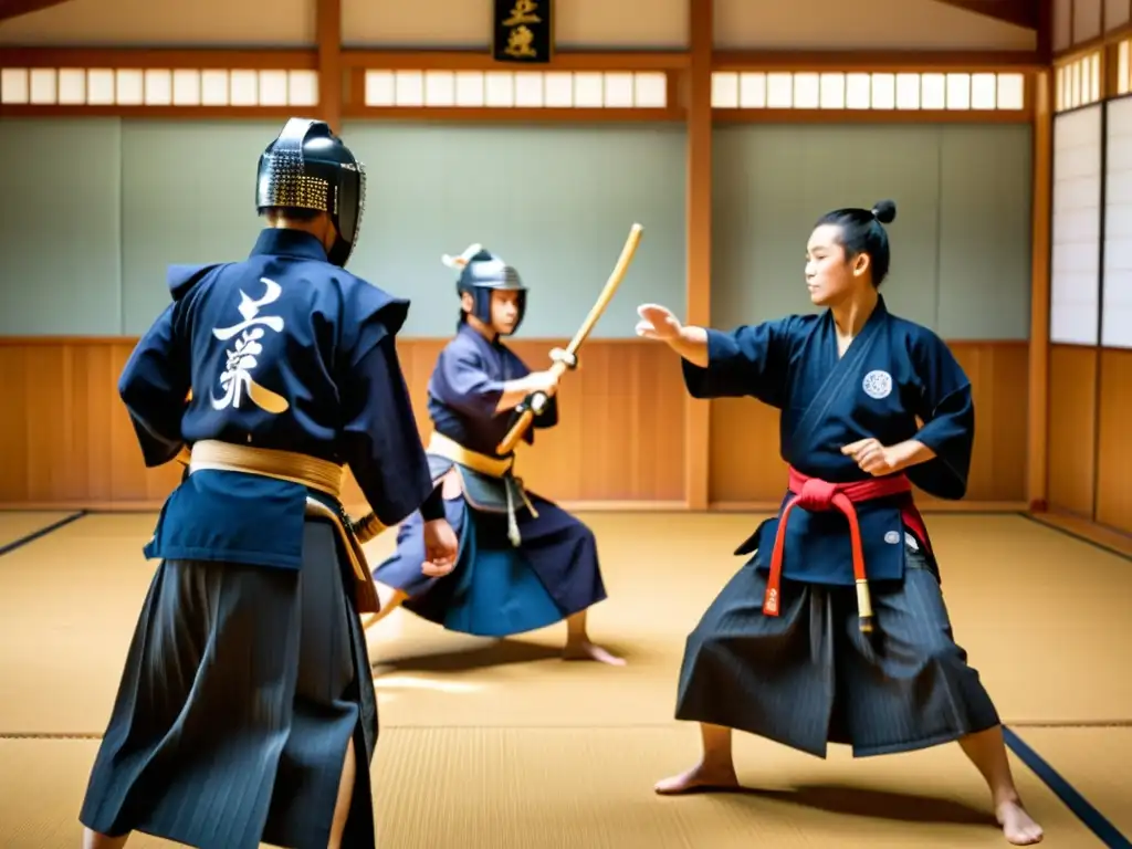 Estudiantes de kendo practican en un dojo japonés, reflejando la herencia samurái en las artes marciales