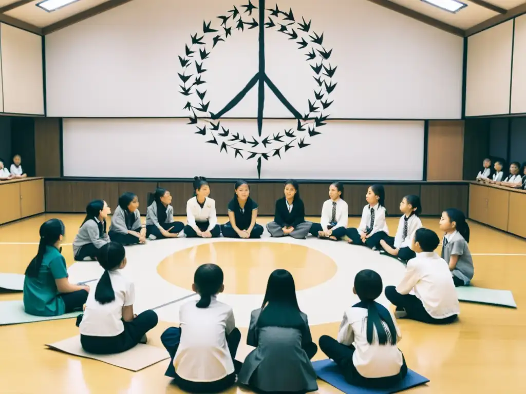 Estudiantes participando en lecciones educación para la paz en Hiroshima, creando un ambiente de esperanza y reflexión