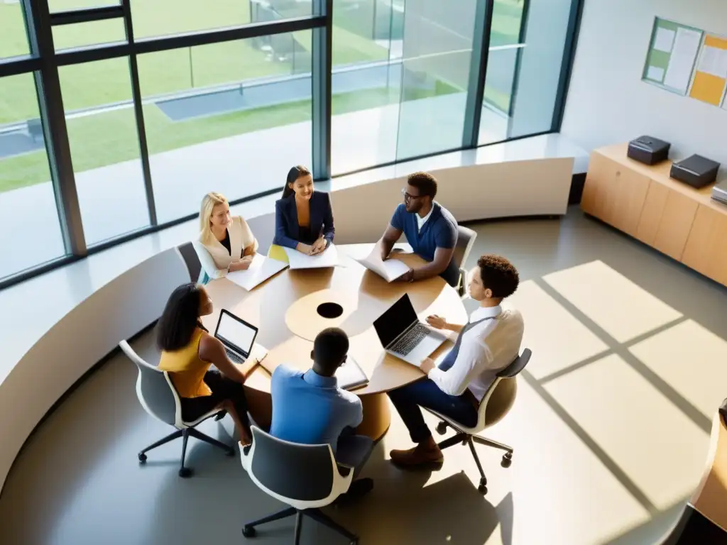 Estudiantes de MBA en ética y liderazgo empresarial colaborando en un aula moderna con luz natural