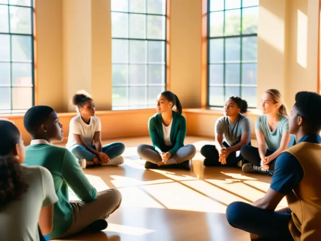 Estudiantes y maestro en círculo, disfrutando de una enseñanza compasiva con principios budistas en aula luminosa y acogedora